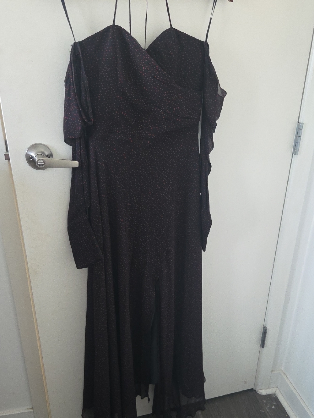 Bec + Bridge Black One-Shoulder Maxi Dress with Subtle Red Dot Print